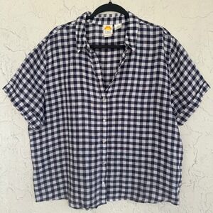 C&C California Navy Blue Gingham Linen Short Sleeve Button Down Shirt Women L